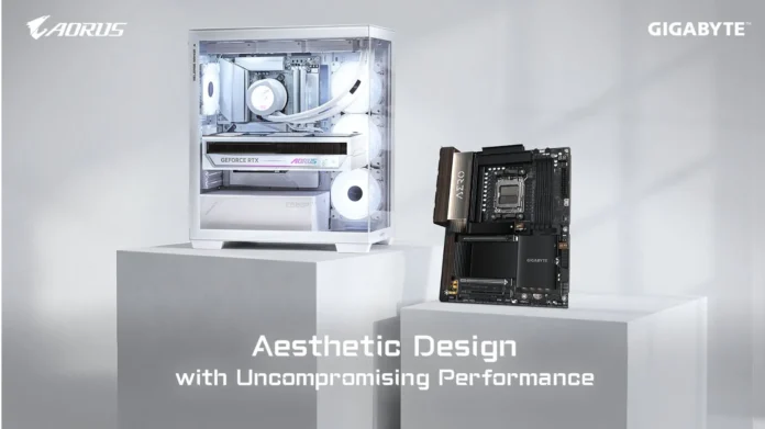 GIGABYTE STEALTH and WOOD PC Builds GIGABYTE STEALTH PC build displayed alongside an AORUS motherboard at Computex