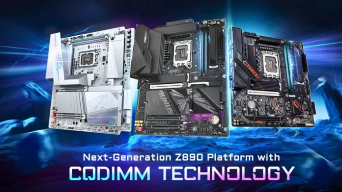 GIGABYTE Z890 motherboards featuring CQDIMM technology for DDR5-10400 memory demonstrated at Computex 2026