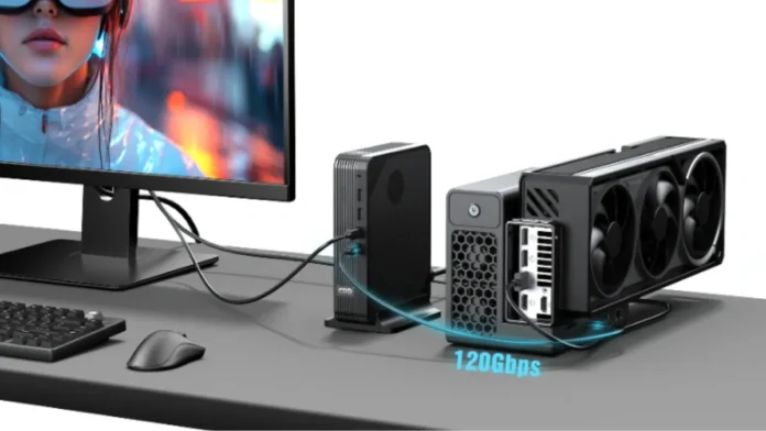 GPD BOX mini PC connected to an external GPU dock through MCIO PCIe 5.0 interface