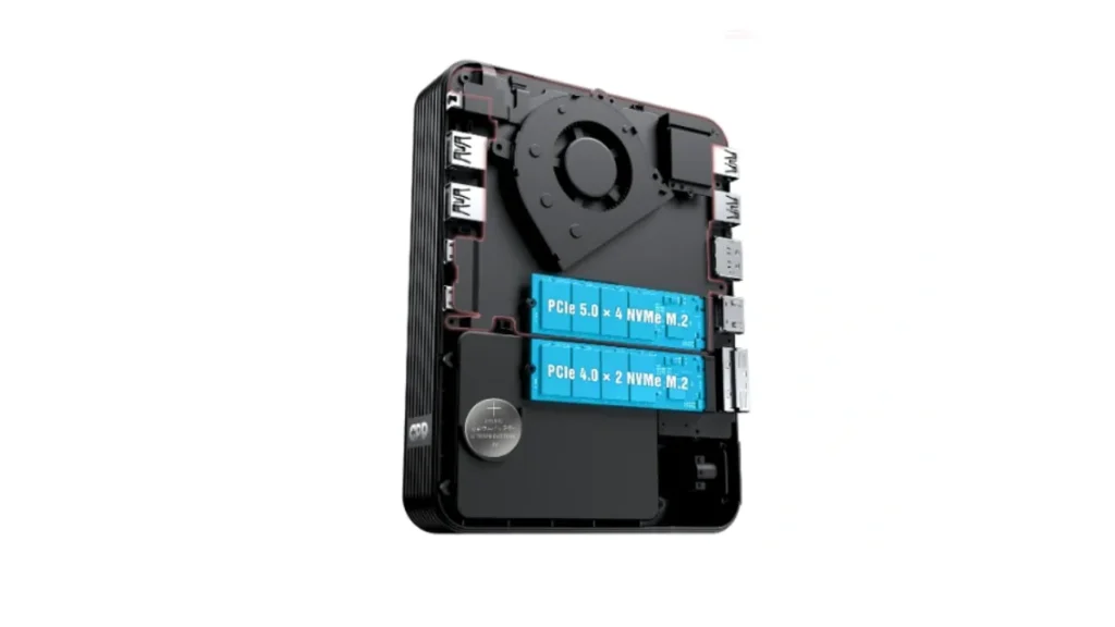 GPD Launches Panther Lake BOX Mini PC With MCIO PCIe 5.0 Expansion 1 Internal layout of the GPD BOX mini PC showing PCIe 5.0 and PCIe 4.0 M.2 SSD slots.