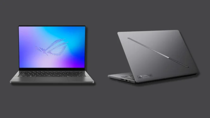 ASUS ROG Zephyrus G16 gaming laptop showing front display and rear aluminum lid design