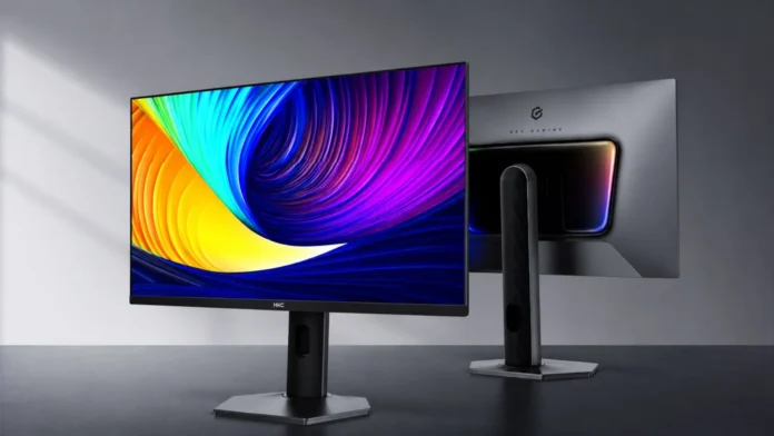 Front and rear view of the HKC 27U240B 4K OLED gaming monitor with RGB lighting.