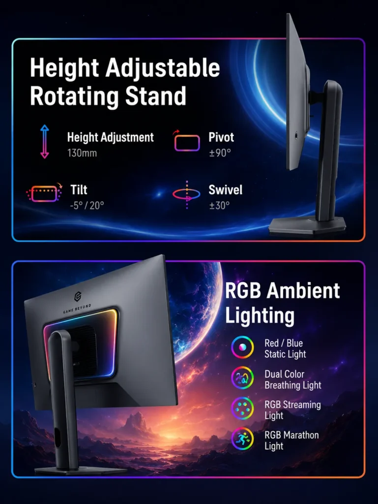 HKC 27U240B monitor showing its ergonomic stand adjustments and rear RGB ambient lighting.