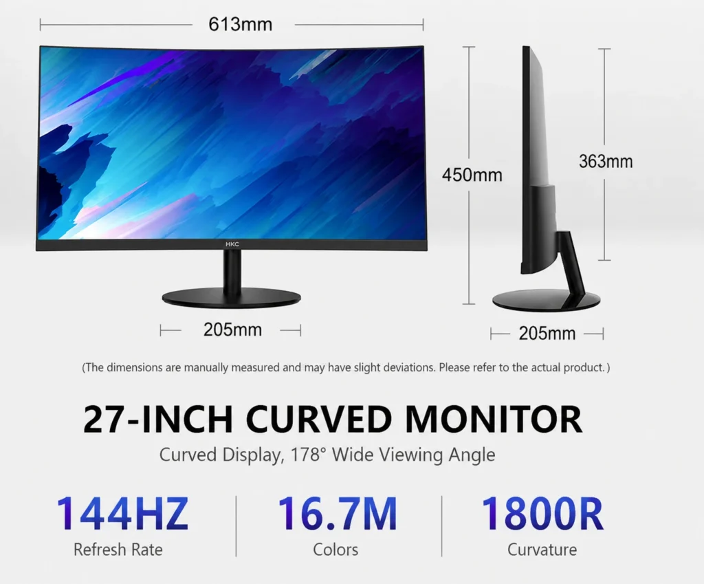 HKC M27A9F1 monitor dimensions highlighting its 27-inch curved display, 144Hz refresh rate, 1800R curvature, and physical measurements.