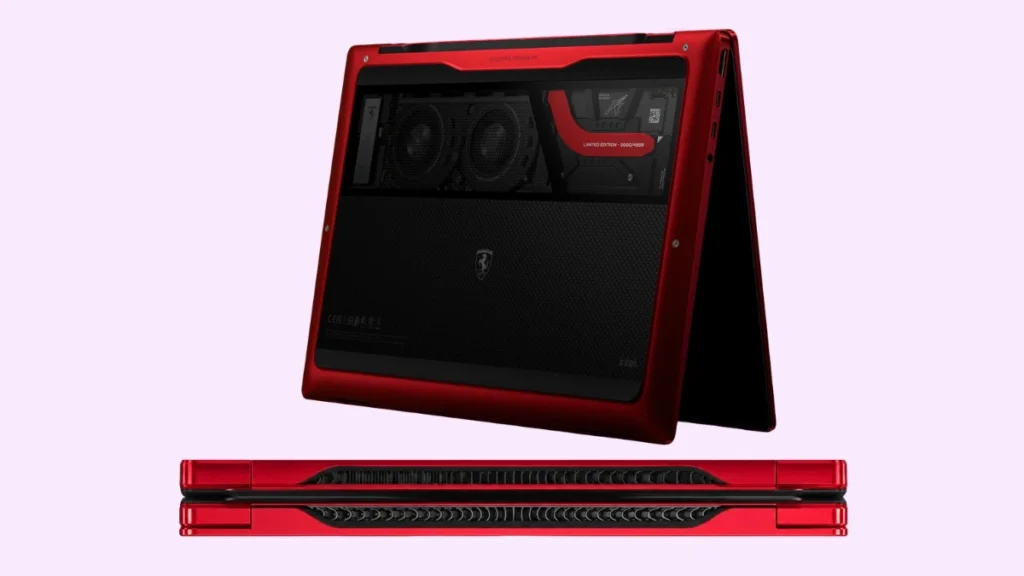 HP Ferrari Limited Edition AI PC rear design featuring visible cooling system and Ferrari-inspired engineering details