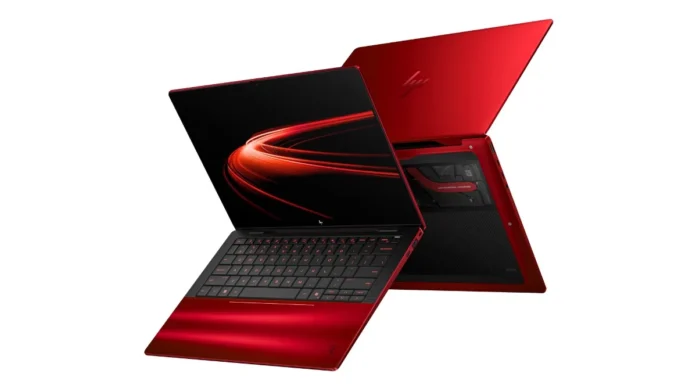 HP Ferrari Limited Edition AI PC in Ferrari red finish with premium aluminum chassis and custom design elements