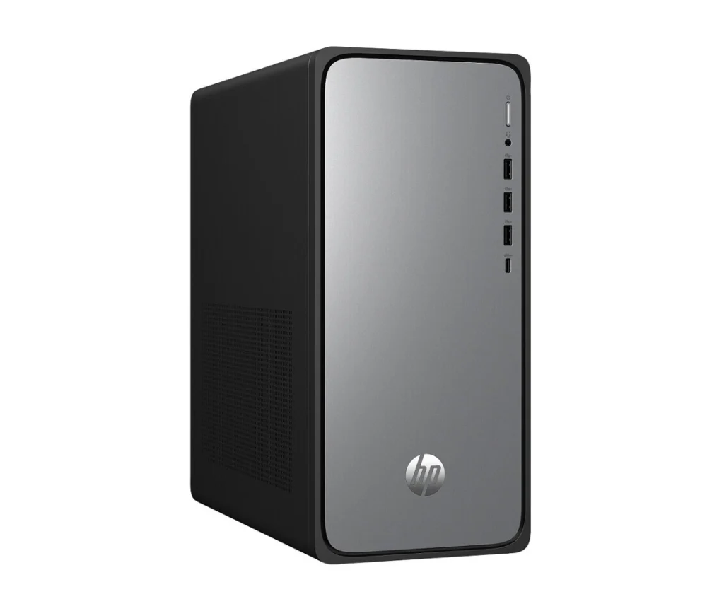 HP OmniDesk AI desktop PC with front USB ports and compact tower design