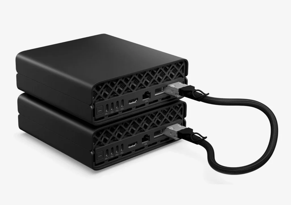HP OmniDesk Mini systems showing rear ports including USB, Ethernet, HDMI, and Display outputs