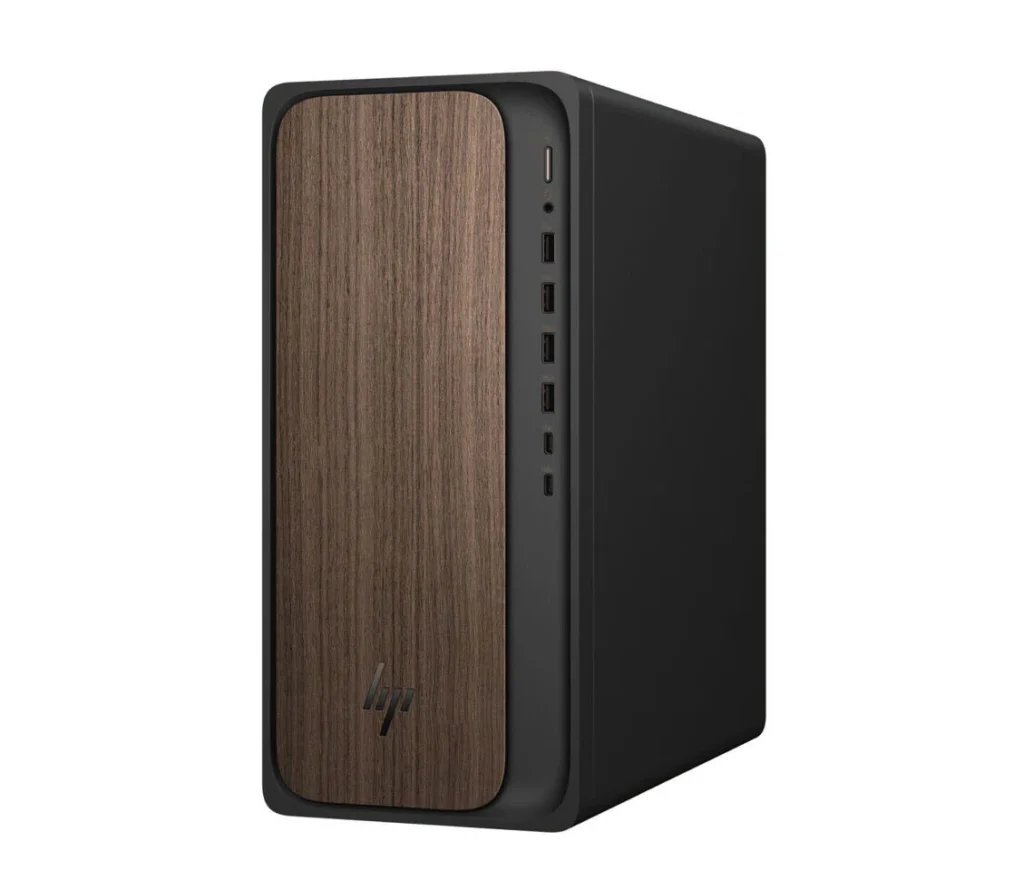 HP OmniDesk desktop PC with wood finish front panel and multiple front I O ports