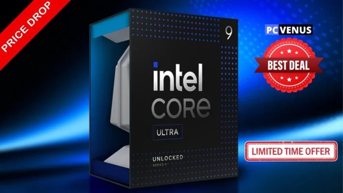 Intel Core Ultra 9 285K unlocked desktop processor retail box highlighted as a limited-time Amazon deal at its lowest recorded price
