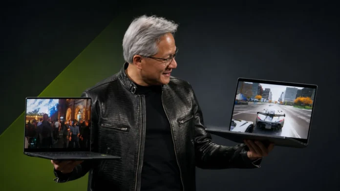 NVIDIA CEO demonstrating RTX Spark laptops with gaming and AI workloads
