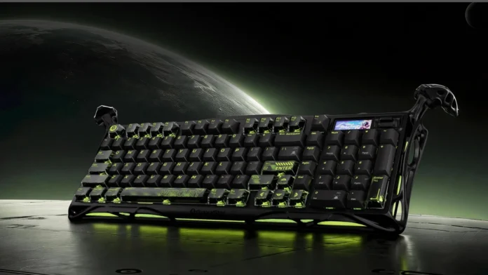 GravaStar Mercury K98 Pro wireless mechanical gaming keyboard with RGB lighting and futuristic sci-fi design