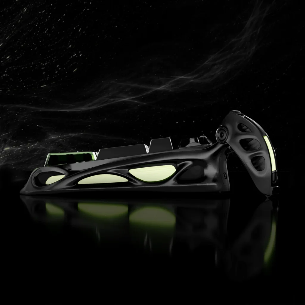 Side profile of the GravaStar Mercury K98 Pro highlighting its elevated frame and illuminated accents