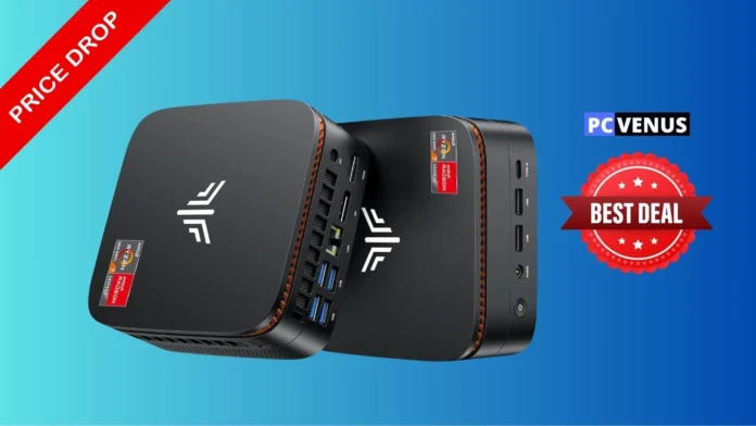 KAMRUI Hyper H1 Mini PC shown from an angled view highlighting its compact design and front connectivity ports