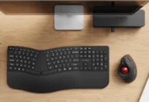 Kensington Launches Red Dot-Winning Pro Fit Ergo TB675 Vertical Trackballs Kensington Pro Fit Ergo TB675 trackball paired with ergonomic keyboard in a desktop workspace