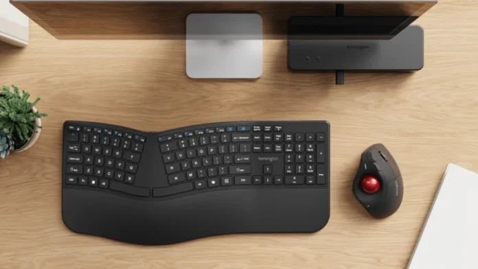 Kensington TB675 Desktop Setup Kensington Pro Fit Ergo TB675 trackball paired with ergonomic keyboard in a desktop workspace