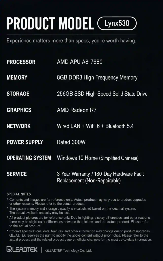 Leadtek Lync 530 Desktop Launches With AMD A8-7680 and Wi-Fi 6 2 Leadtek Lync 530 desktop specifications featuring AMD A8-7680 processor, 8GB DDR3 memory, 256GB SSD, and Radeon R7 graphics