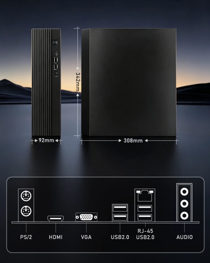 Leadtek Lync 530 Desktop Launches With AMD A8-7680 and Wi-Fi 6 1 Leadtek Lync 530 dimensions and rear connectivity showing HDMI, VGA, USB, Ethernet, PS/2, and audio ports