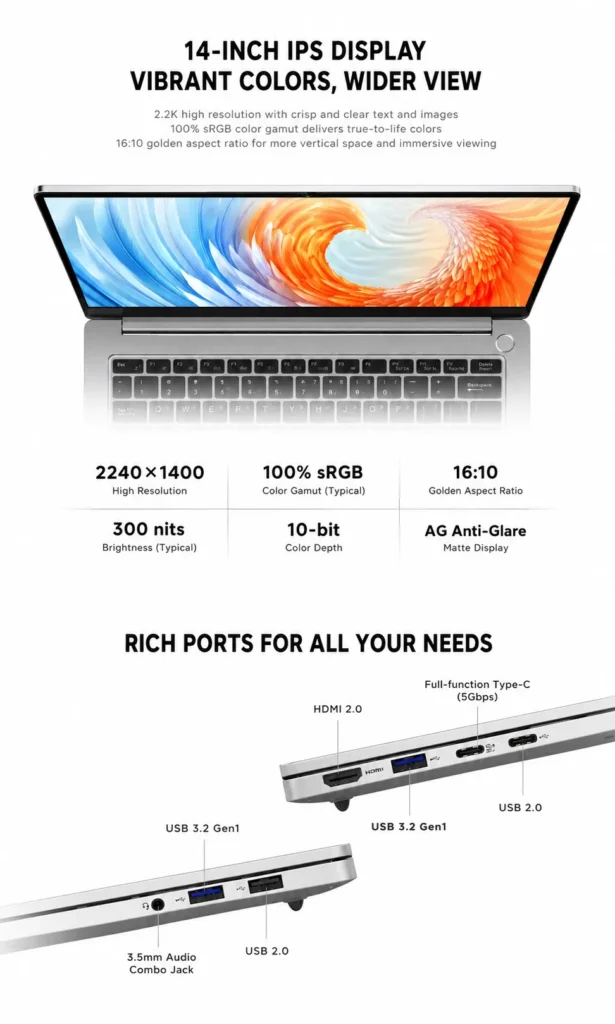 Lenovo Lecoo 14 highlighting its 14-inch 2.2K IPS display and built-in connectivity ports