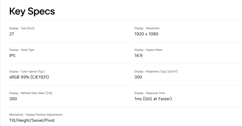 LG UltraGear 27G550B Debuts With 300Hz Refresh Rate 3 Specification sheet for the LG UltraGear 27G550B showing a 27-inch Full HD IPS panel, 300Hz refresh rate, and 1ms response time