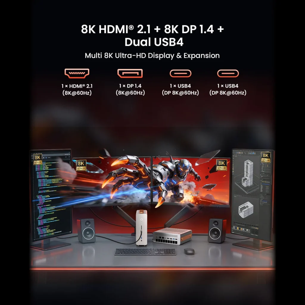 MINIX ER939-AI Pro Mini PC Combines Ryzen AI Max+ 395, and 128GB Memory 5 MINIX ER939-AI Pro powering multiple 8K displays through HDMI 2.1, DisplayPort 1.4 and dual USB4 connections