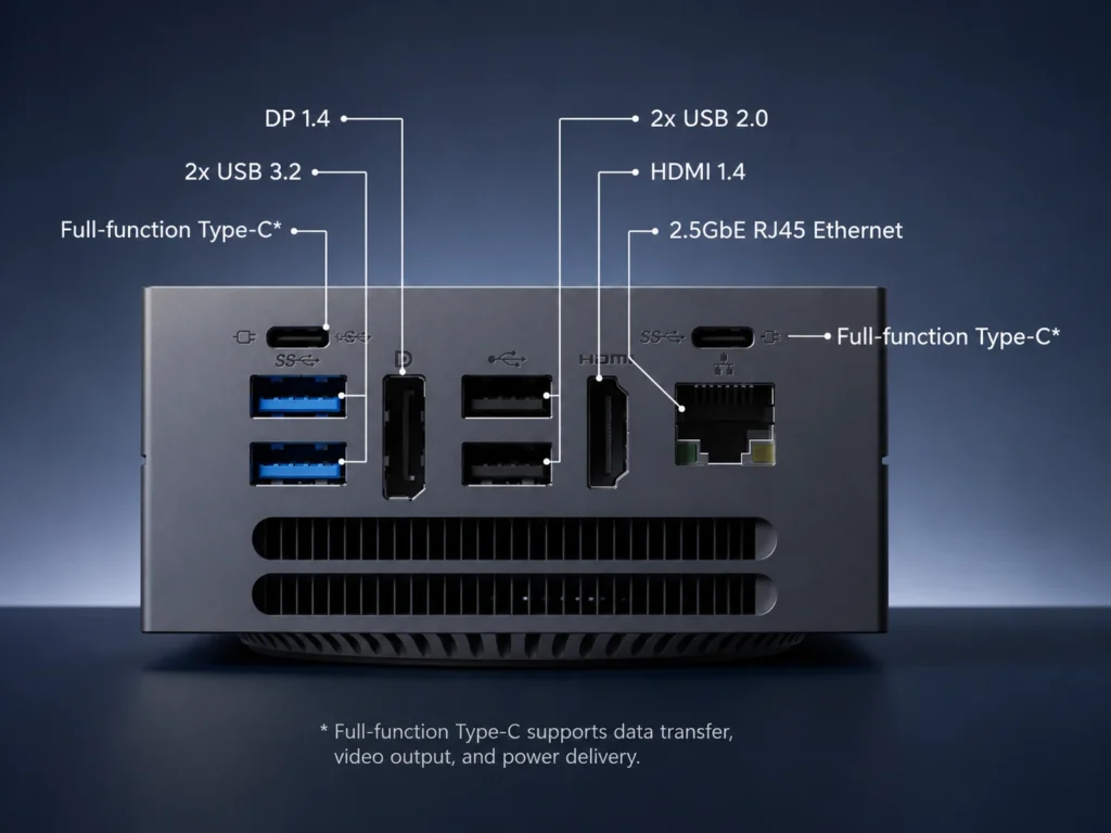 Rear I/O ports of Lenovo AI Host Mini PC with USB, HDMI, DisplayPort, Ethernet, and USB-C connectivity