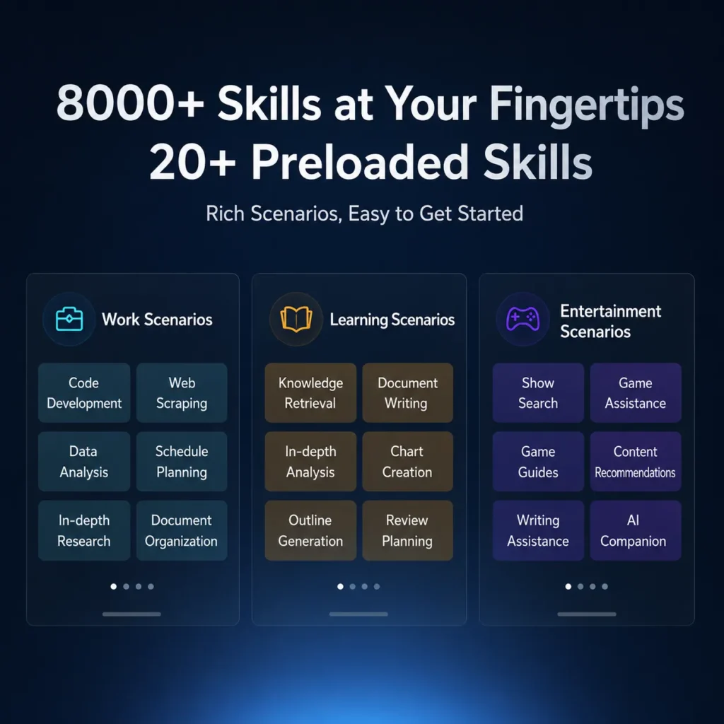 Lenovo AI Host Mini PC infographic showing AI skills for work, learning, and entertainment scenarios