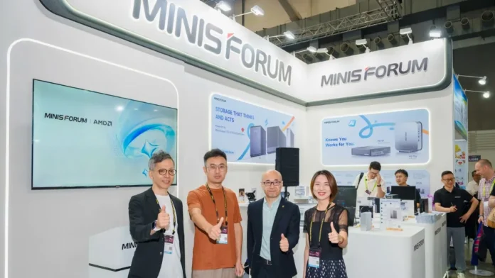 MINISFORUM Computex 2026 booth showcasing the N5 Max NAS, S5 storage system, MS-03 AI workstation, and M2 Pro mini PC