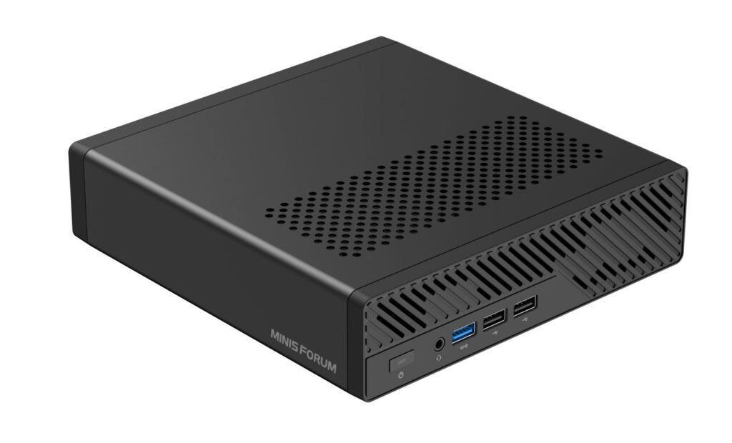 MINISFORUM MS-03 AI workstation mini PC with front USB ports and compact desktop design