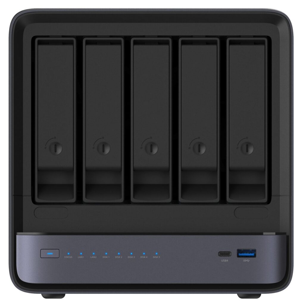 MINISFORUM N5 Max NAS showing five drive bays, USB4 port, and front status indicators
