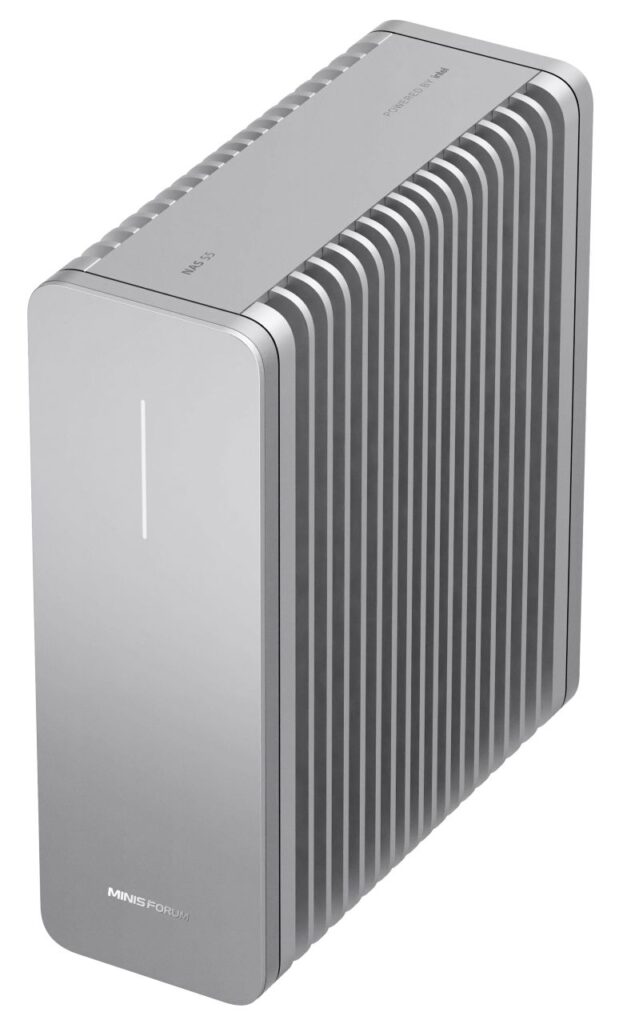 MINISFORUM S5 all-flash NAS featuring a compact aluminum chassis for high-speed storage