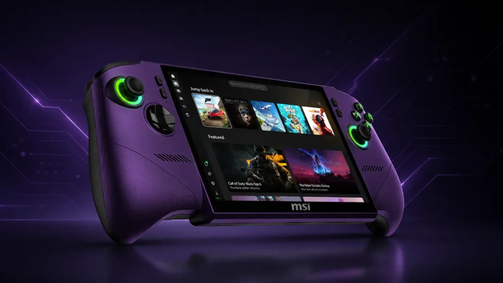 MSI Claw 8 AI+ handheld gaming device with RGB-lit analog sticks and Windows gaming interface