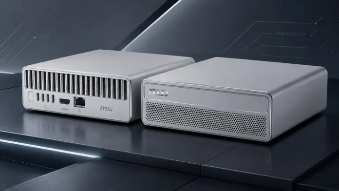 MSI EdgeMesa N AI+ mini PC featuring a compact chassis with front USB-C, HDMI, and Ethernet connectivity