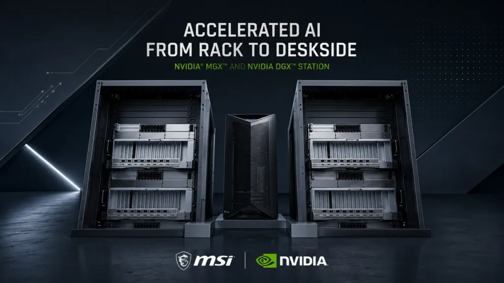 MSI liquid-cooled NVIDIA MGX server racks and NVIDIA DGX workstation platform designed for enterprise AI and high-performance computing workloads