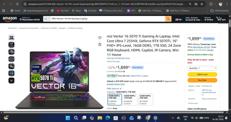 MSI Vector 16 RTX 5070 Ti gaming laptop listing on Amazon