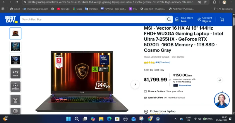 MSI Vector 16 RTX 5070 Ti gaming laptop listing on Best Buy
