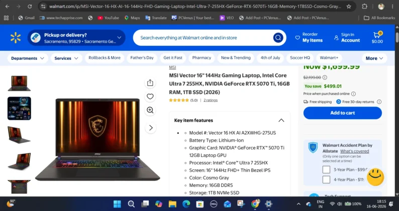 MSI Vector 16 RTX 5070 Ti gaming laptop listing on Walmart
