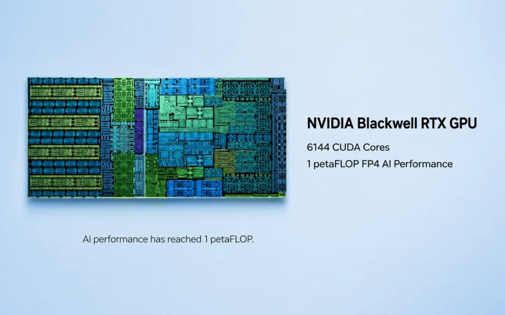 Blackwell RTX GPU die featuring 6144 CUDA cores and 1 petaflop FP4 AI performance