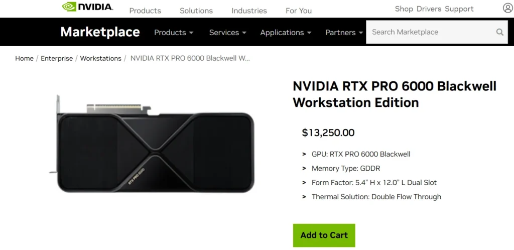 NVIDIA Marketplace listing for the RTX PRO 6000 Blackwell Workstation Edition