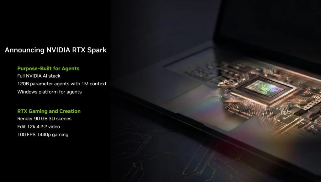 NVIDIA RTX Spark platform highlighting AI agents, content creation, and gaming capabilities