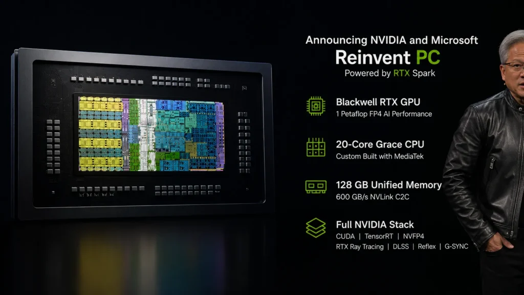 NVIDIA RTX Spark architecture featuring Blackwell GPU, Grace CPU, unified memory, and NVIDIA AI software stack
