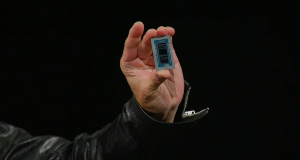 Close-up of NVIDIA RTX Spark processor being held during a keynote presentation