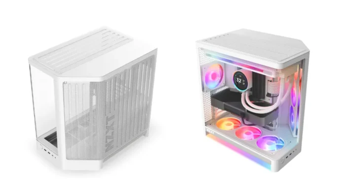 Fully assembled NZXT H6 gaming PC build with RGB cooling and liquid CPU cooler.