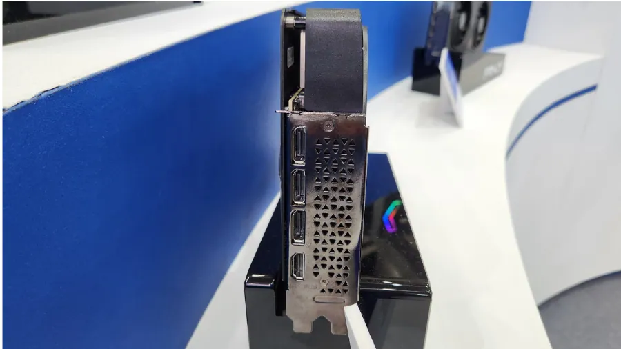 Rear I/O panel of the PNY GeForce RTX 5090 prototype with DisplayPort and HDMI outputs.