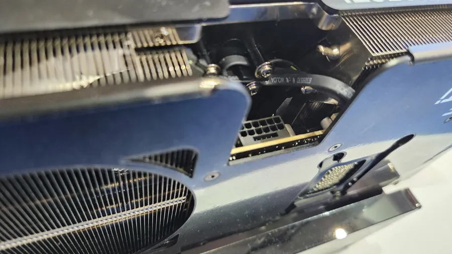 Close-up view of PNY GeForce RTX 5090 prototype showing the recessed 16-pin power connector design.