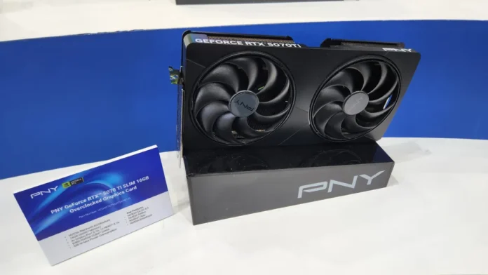 PNY slim GeForce RTX graphics card prototype displayed at Computex with dual-fan cooling.