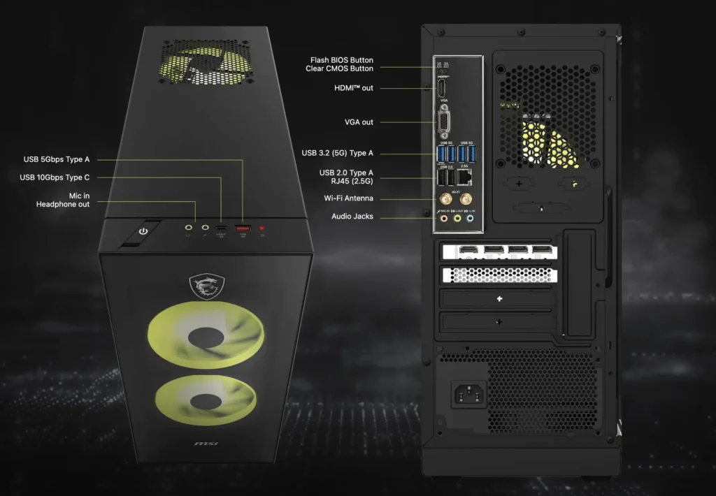 Detailed diagram of MSI MAG Infinite Z front and rear I/O ports including USB, audio, networking, and display connections