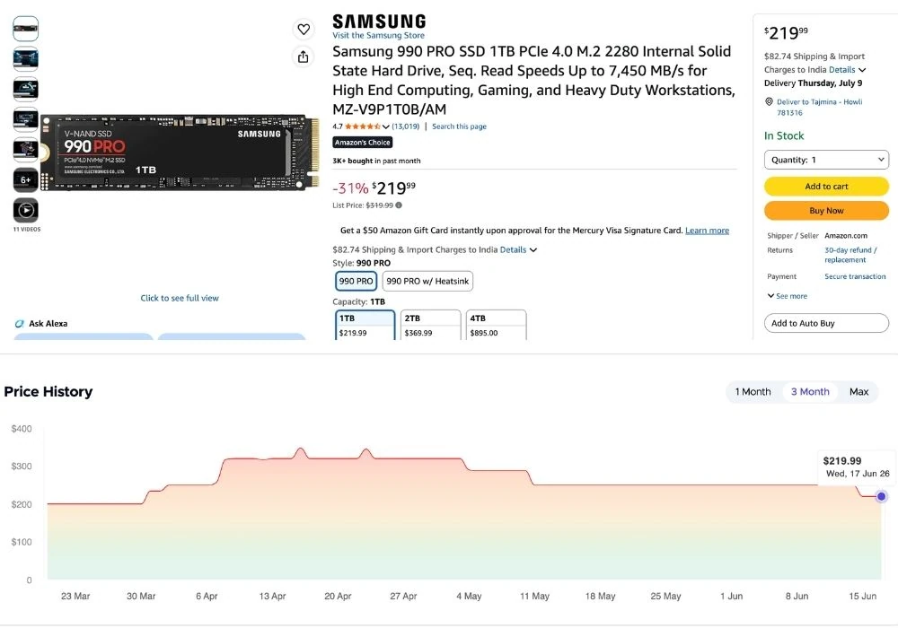 Samsung 990 Pro 1TB SSD Drops to $219 on Amazon 1 Samsung 990 Pro 1TB NVMe PCIe 4.0 SSD with recent price history chart