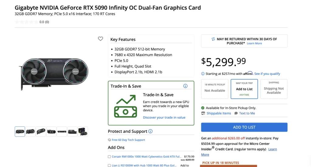 Product listing for the Gigabyte AORUS GeForce RTX 5090 Infinity OC graphics card showing 32GB GDDR7 memory, PCIe 5.0 support, and retail pricing