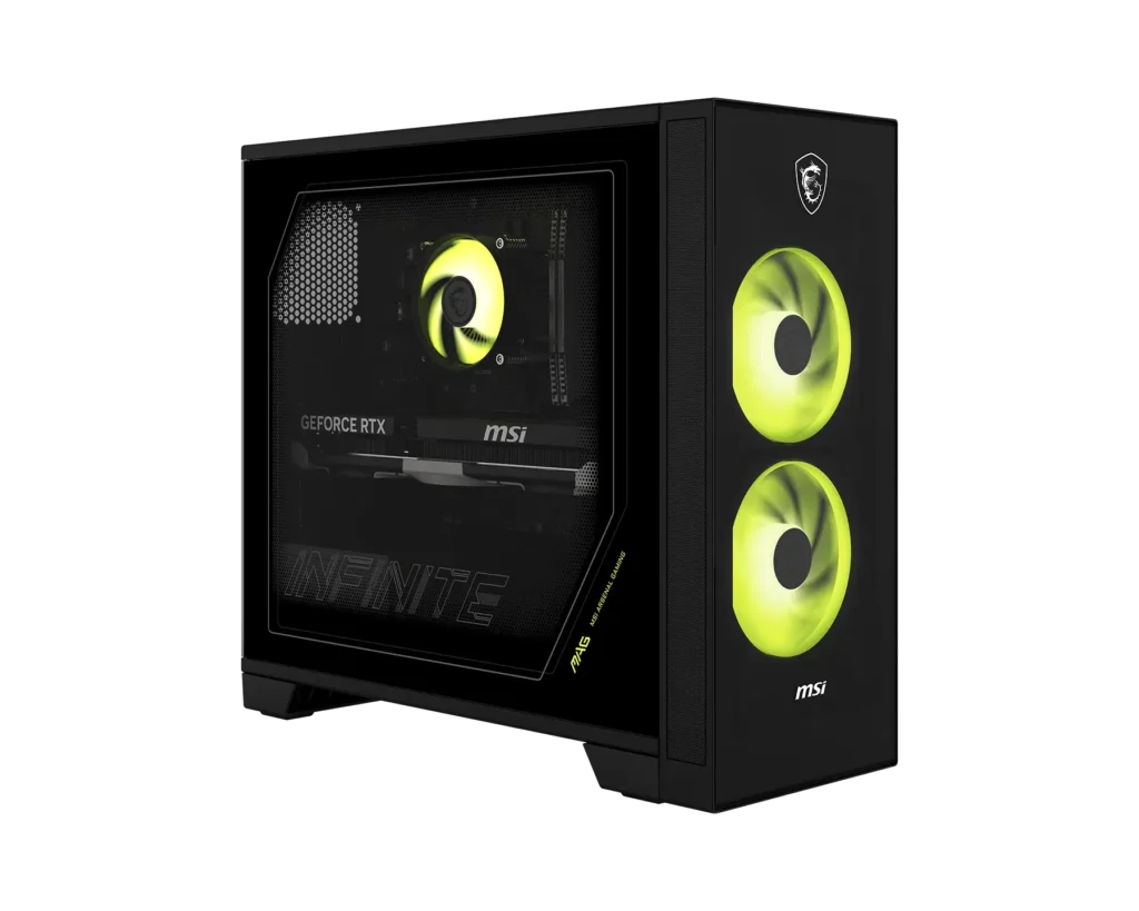 MSI MAG Infinite Z gaming desktop with tempered glass side panel and dual front RGB cooling fans